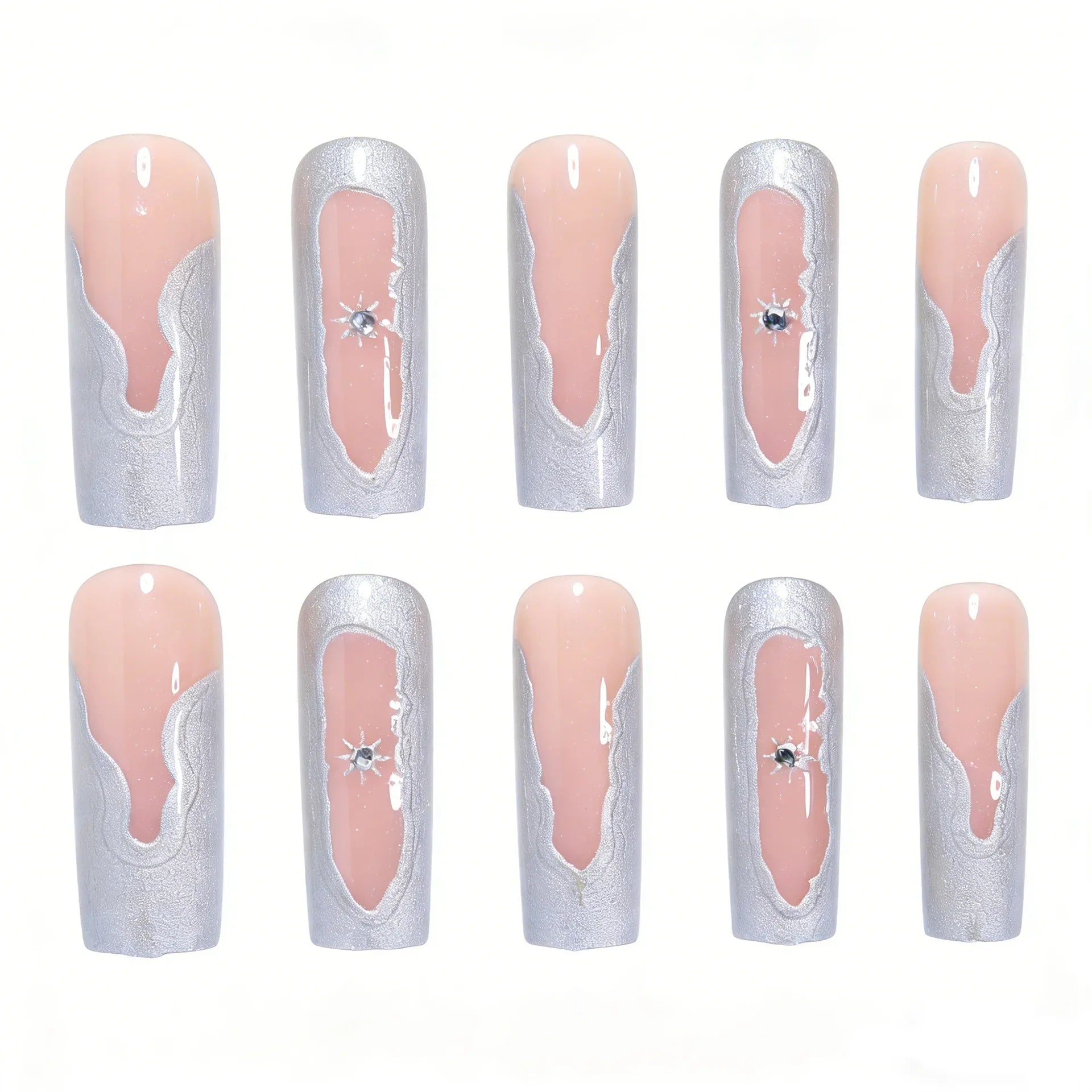 24PCS Silver irregular French star-shaped fake nails. press on nails