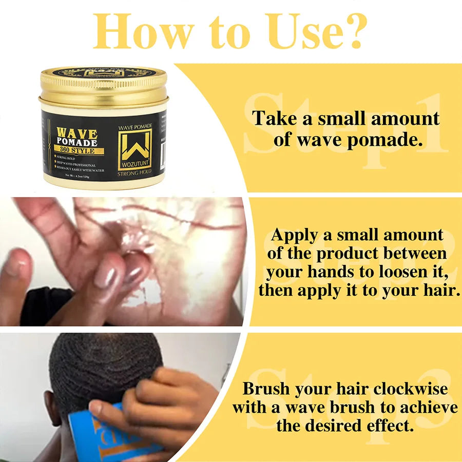 Men Shea Butter Wave Control Pomade 360 Style Strong Hold Long Lasting Curly Hair Cream or Brush or Silk Rag Cap Tools Accessory
