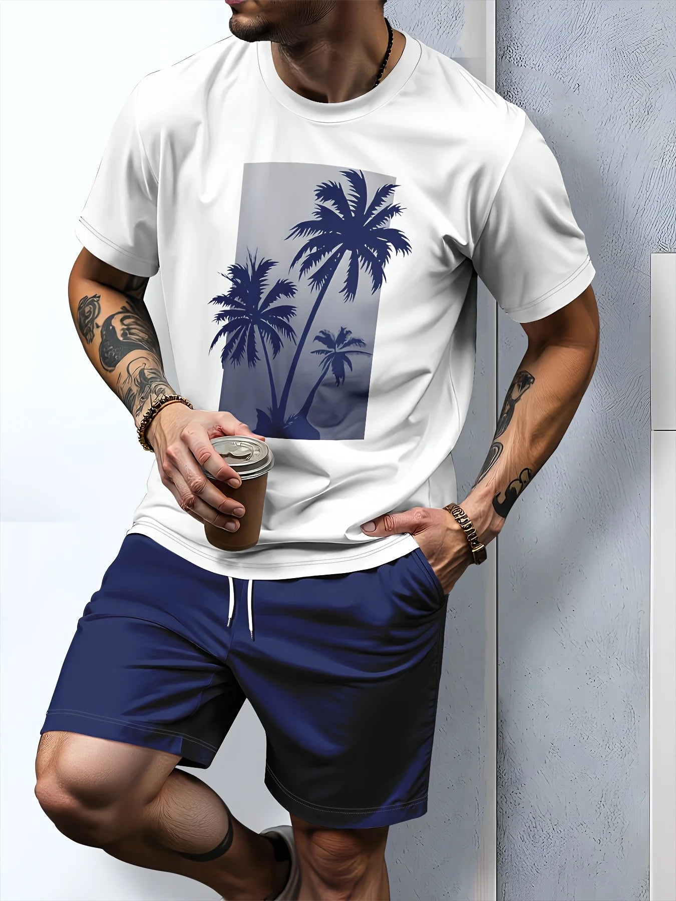 2026 New Coconut Tree Print Mens Short-Sleeve T-Shirt and Shorts Set Hawaiian Men Set Summer Casual T-Shirt Outdoor Beach Shorts