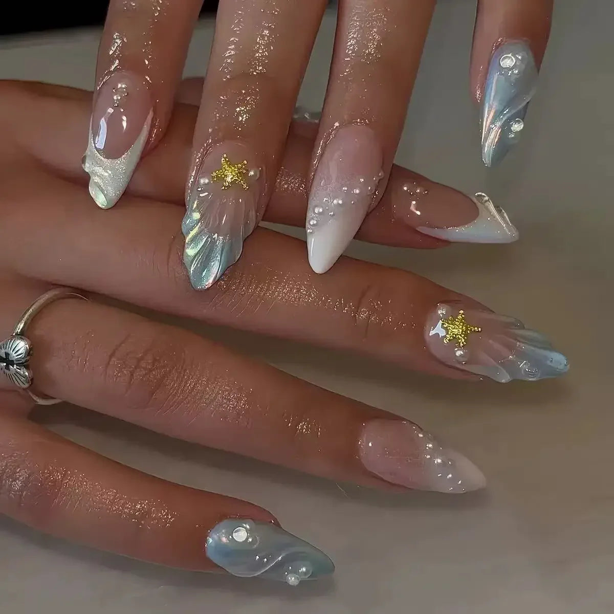3D Handmade Summer Cherry Blossom Press On Nails Embossed Pink Flower Shell Medium Long Almond False Nails