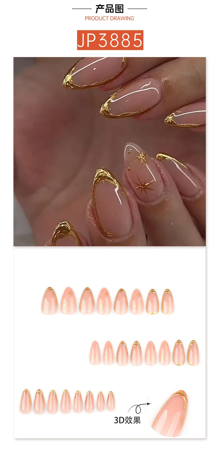 Nude Almond Press on Nails - 3D Gold Foil & Star Design Reusable Removable False Nail Tips for Women Daily Party