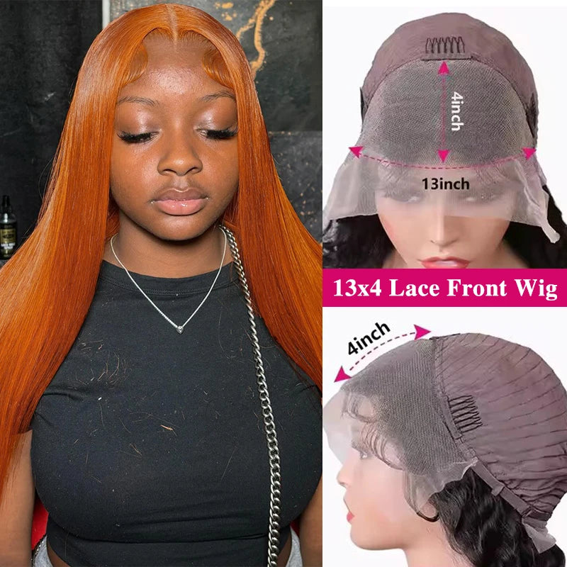 30 Inch Straight Orange Ginger Lace Front Wigs Human Hair 350 Colored Brazilian 13X6 HD Transparent Lace Frontal Wigs For Women