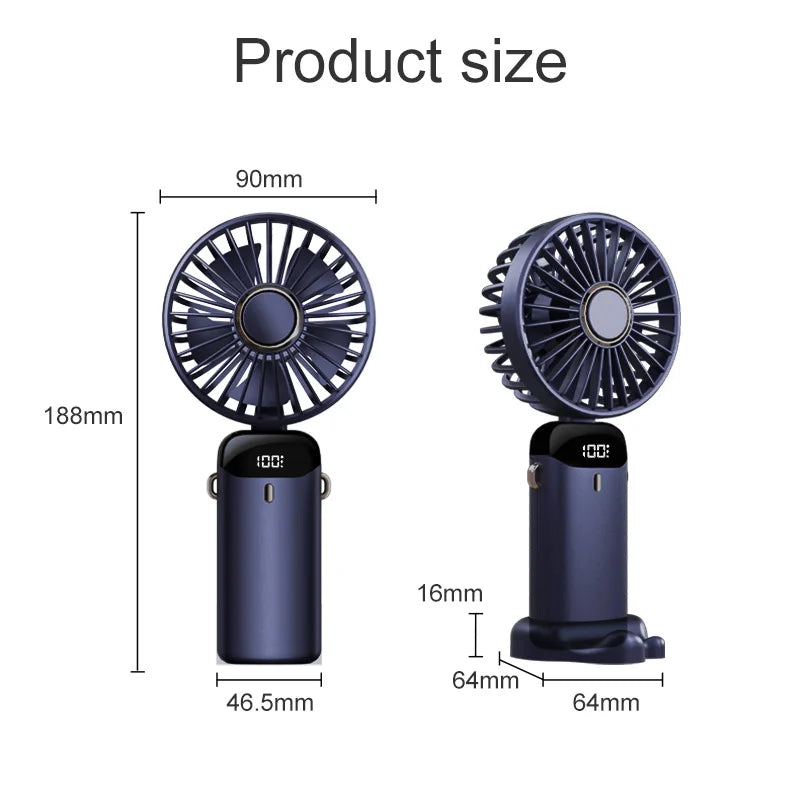 Handheld Mini Fan Wireless USB Rechargeable Portable Digital Display Phone Holder Fan 5 Speed Foldable Neck Hanging Small Fans