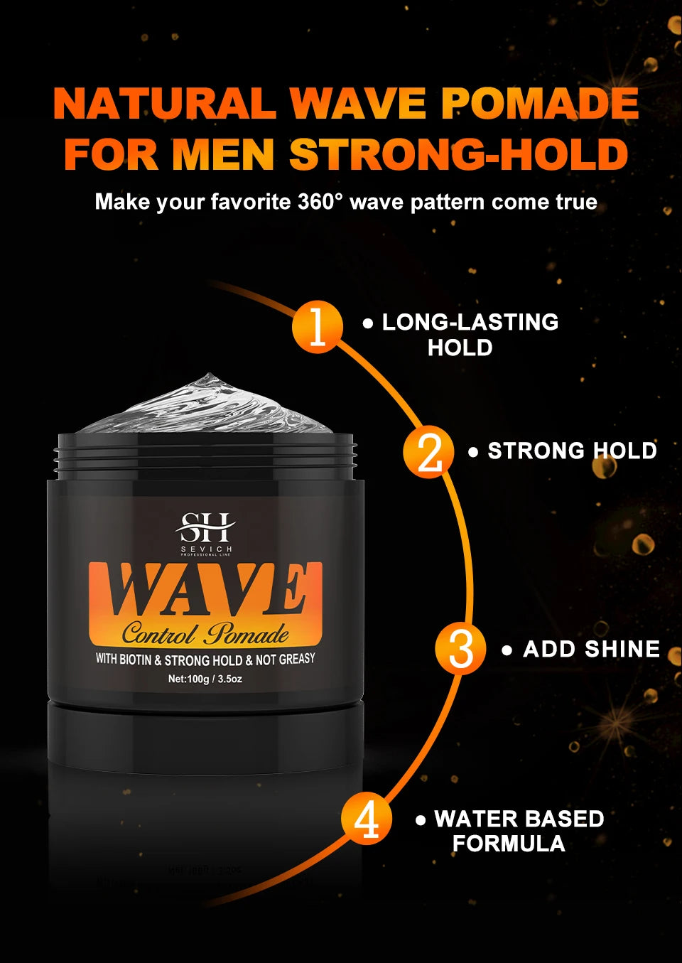 3.53oz Biotin Waves Control Pomade For Men Sevich Sport Strong Hold Wave Hair Gel With Brush Wavy Hair Oil Shampoo Conditioner